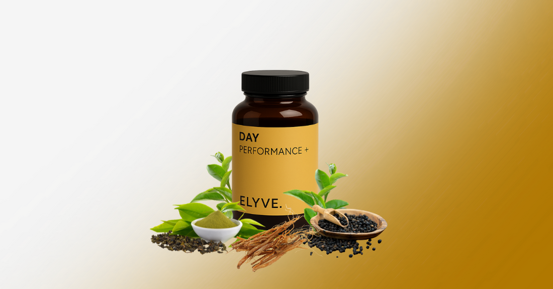 Produktbild DAY Performance+ mit Grünteeextrakt, Ginseng, Pfefferkörner aus denen die Rohstoffe gewonnen werden